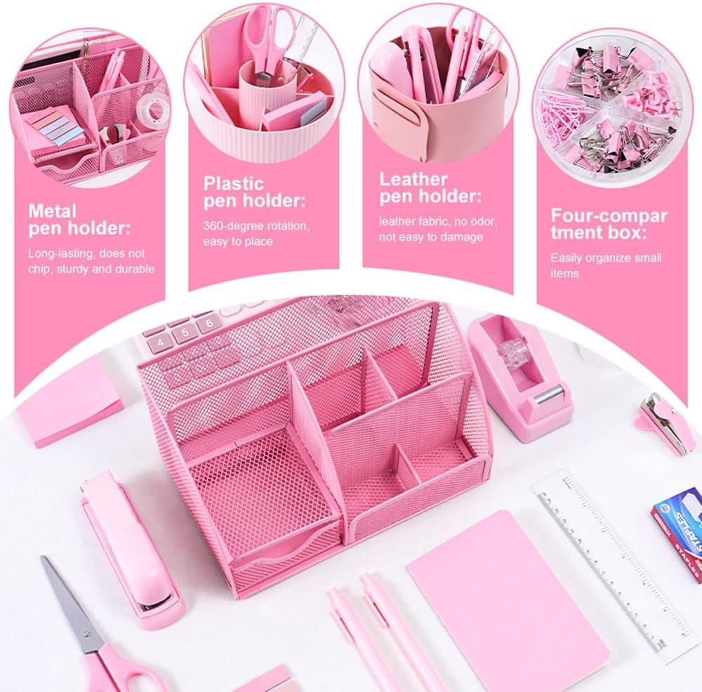 Gawsey Desk Organizers and Accessories with Desk Organizer 360° Rotating Pen Holder and Office Supplies, Cute Stationery Supplies Set (Pink)