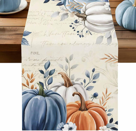 Fall Table Runner 13x90 Inches Long Blue Pumpkin Table Runners Floral Leaves Cotton Linen Autumn Harvest Dresser Scarf Kitchen Dining Table Decor for Thanksgiving Holiday Party Coffee Indoor Outdoor