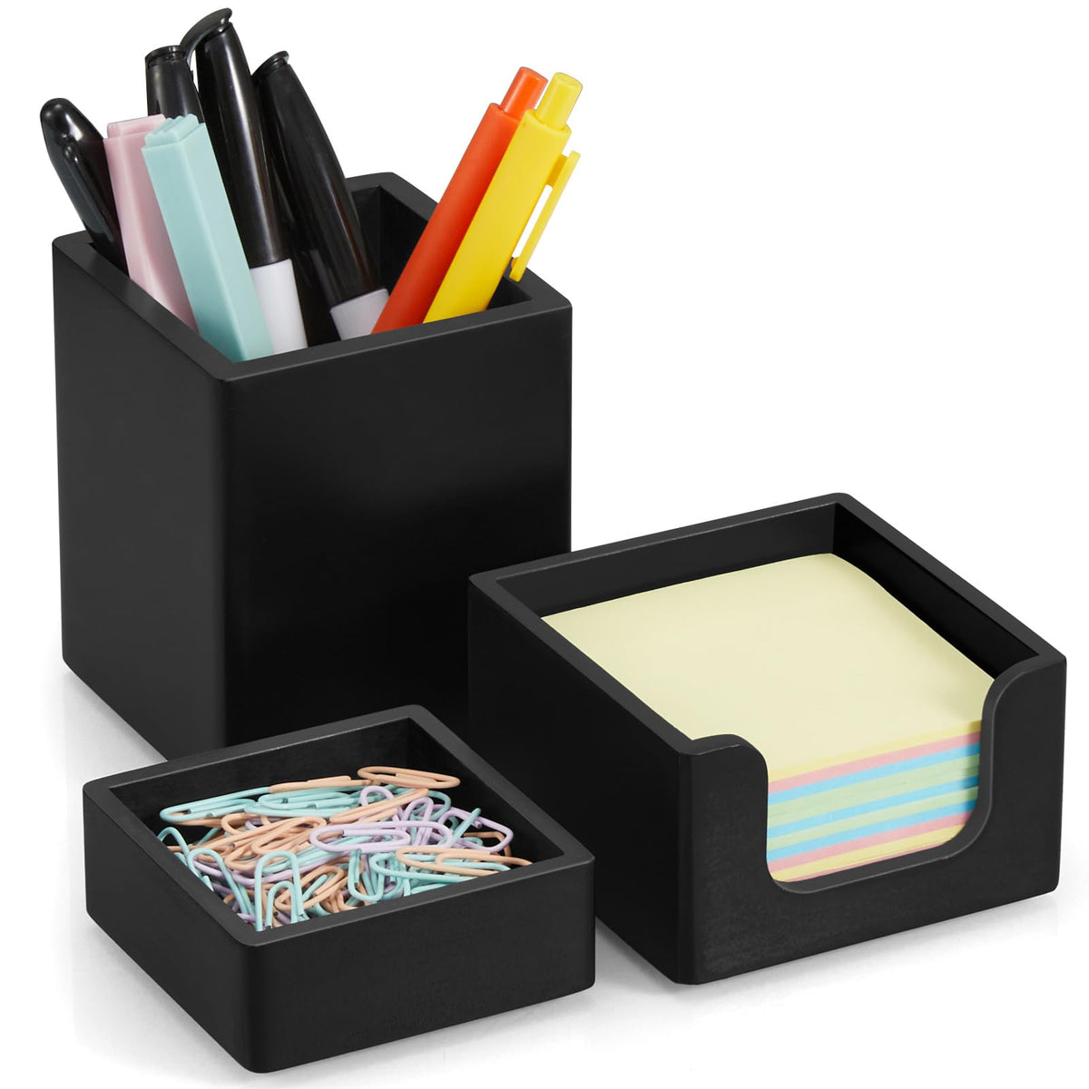 Desk Organizer Set of 3 - Acacia Wood Office Desk Accessories - Desk Organizers and Accessories for Women Men - Set incl. Pencil Pen Holder, Paperclip Storage and Sticky Note Holder