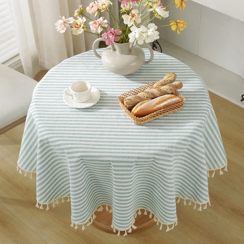 meioro Table Cloth Blue White Striped Tablecloth Tassels Cotton Blend Dust-Proof Table Cover for Dining Coffee Buffet Kitchen Picnic Tables, Parties Indoor Outdoor Square Tablecloths (36x36 Inch)