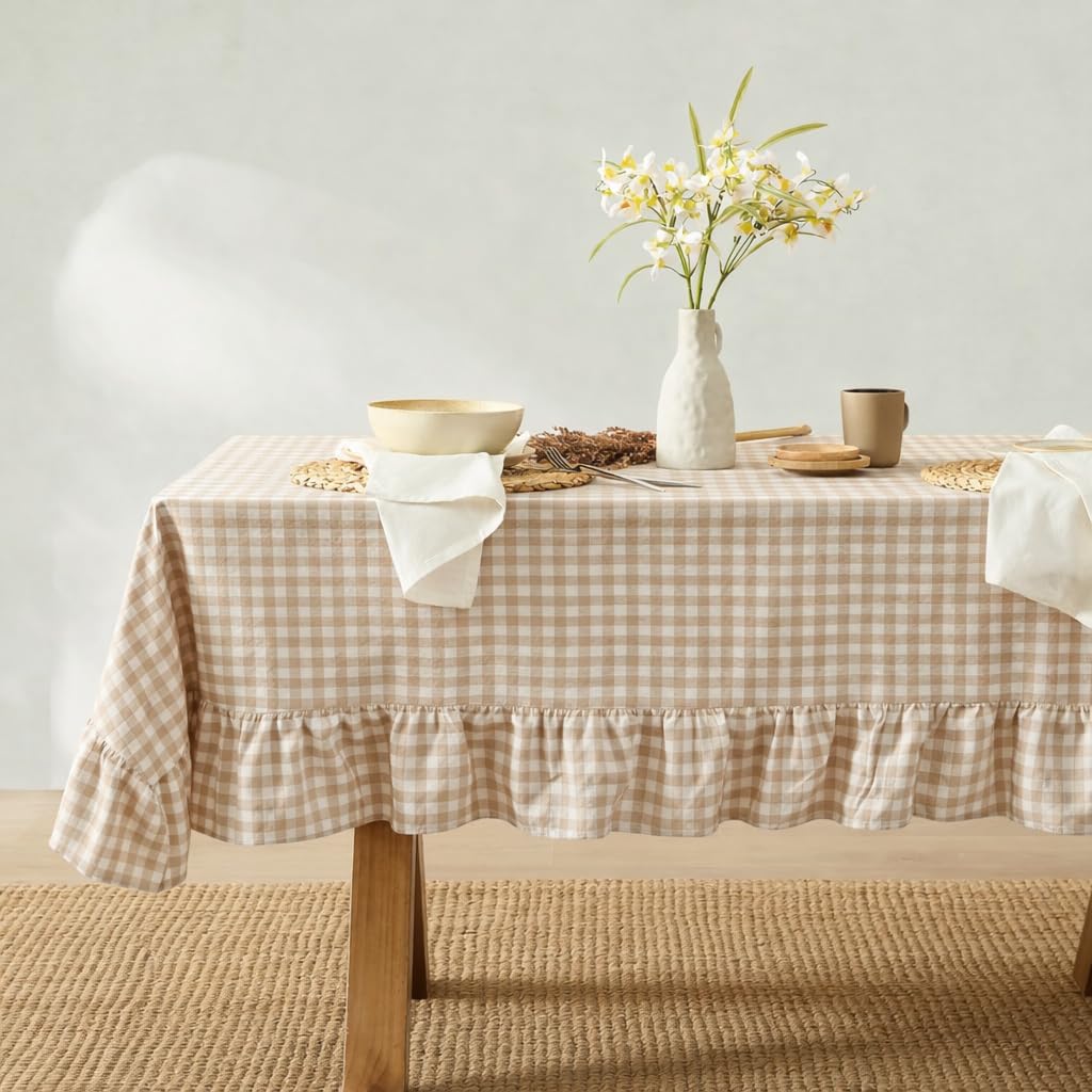 MONDAY MOOSE Ruffle Farmhouse Rustic Rectangle Natural Stonewashed Cotton Tablecloth for Kitchen, Dining Room, Restaurant (60x86 inch, Teal Green)
