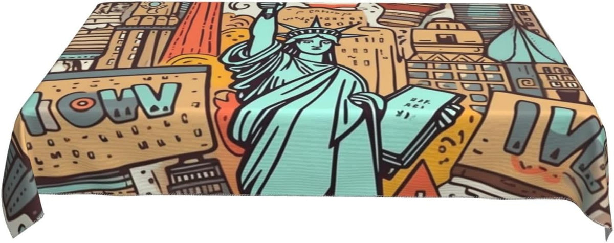 Cartoon Cute New York American Theme Art Tablecloths for Rectangle Tables, Stain and Wrinkle Resistant Washable Table Cover Modern 55" X 35" Table Cloth for Kitchen Dining Picnic Party Decor