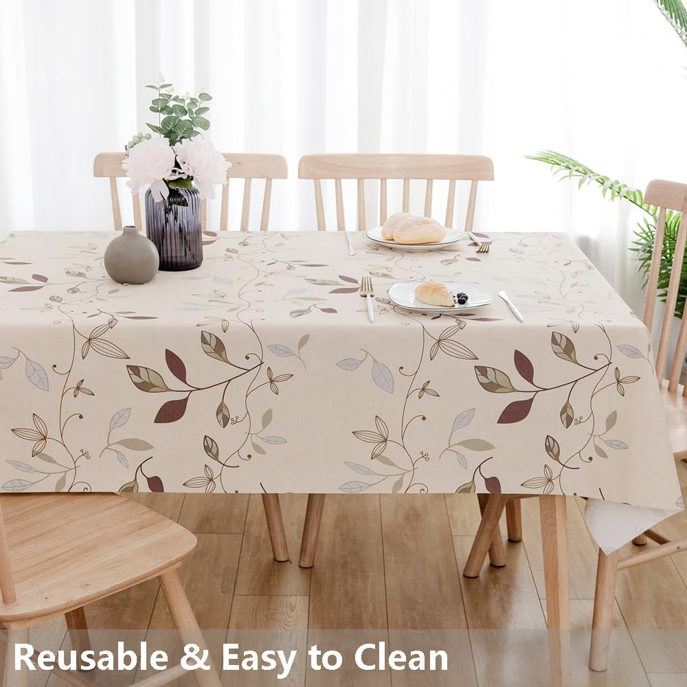 TruDelve Heavy Duty Vinyl Tablecloth Beige Plastic Table Cloth Waterproof Wipeable Oilcloth Tablecloths for Rectangle Tables (54'' x 72'', Leaves)
