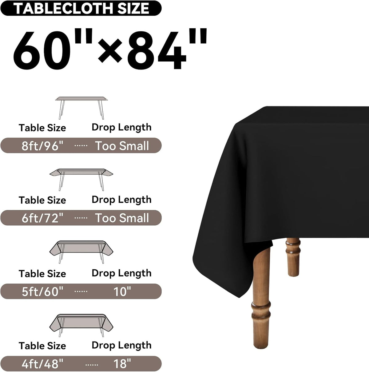 Romanstile Rectangle Tablecloth - Waterproof and Wrinkle Resistant Washable Polyester Table Cloth for Kitchen Dining/Party/Wedding Indoor and Outdoor Use (60 x 84 inch,Black)