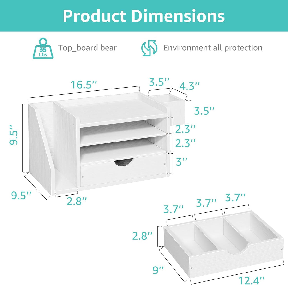 Wood Desk Organizers and Accessories with Drawer - White 3 Tier Paper Tray and Desktop Storage Caddy for Office Supplies, Slanted File Folder Holder and Pen Cup, Dorm Essentials for School