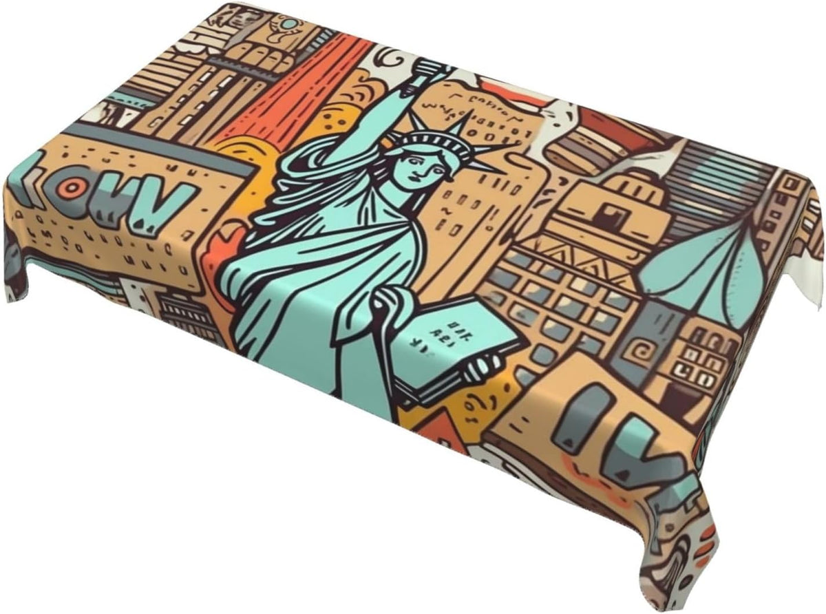 Cartoon Cute New York American Theme Art Tablecloths for Rectangle Tables, Stain and Wrinkle Resistant Washable Table Cover Modern 55" X 35" Table Cloth for Kitchen Dining Picnic Party Decor