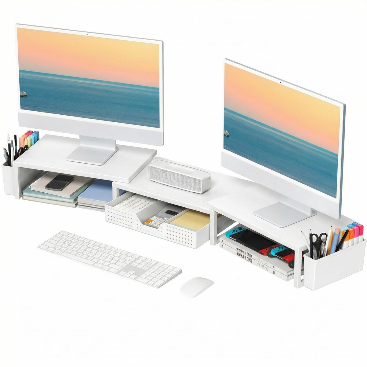 OPNICE Desk Organizers and Accessories, Dual Monitor Stand Riser with Drawer and 2 Pen Holders, Desk Shelf Computer Racks & Printer Stand for Office Workspace Organizers, Desktop Organization (Purple)