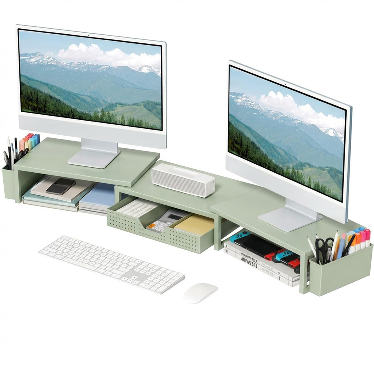 OPNICE Desk Organizers and Accessories, Dual Monitor Stand Riser with Drawer and 2 Pen Holders, Desk Shelf Computer Racks & Printer Stand for Office Workspace Organizers, Desktop Organization (Purple)