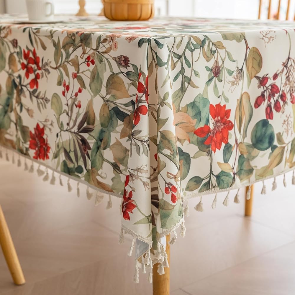 Boho Tablecloth for Square Tables,Fringed Edges with Geometric Pattern Tablecloths,Farmhouse Floral Table Cover Cloth Decorative for Kitchen Dining Room,59"x 59"