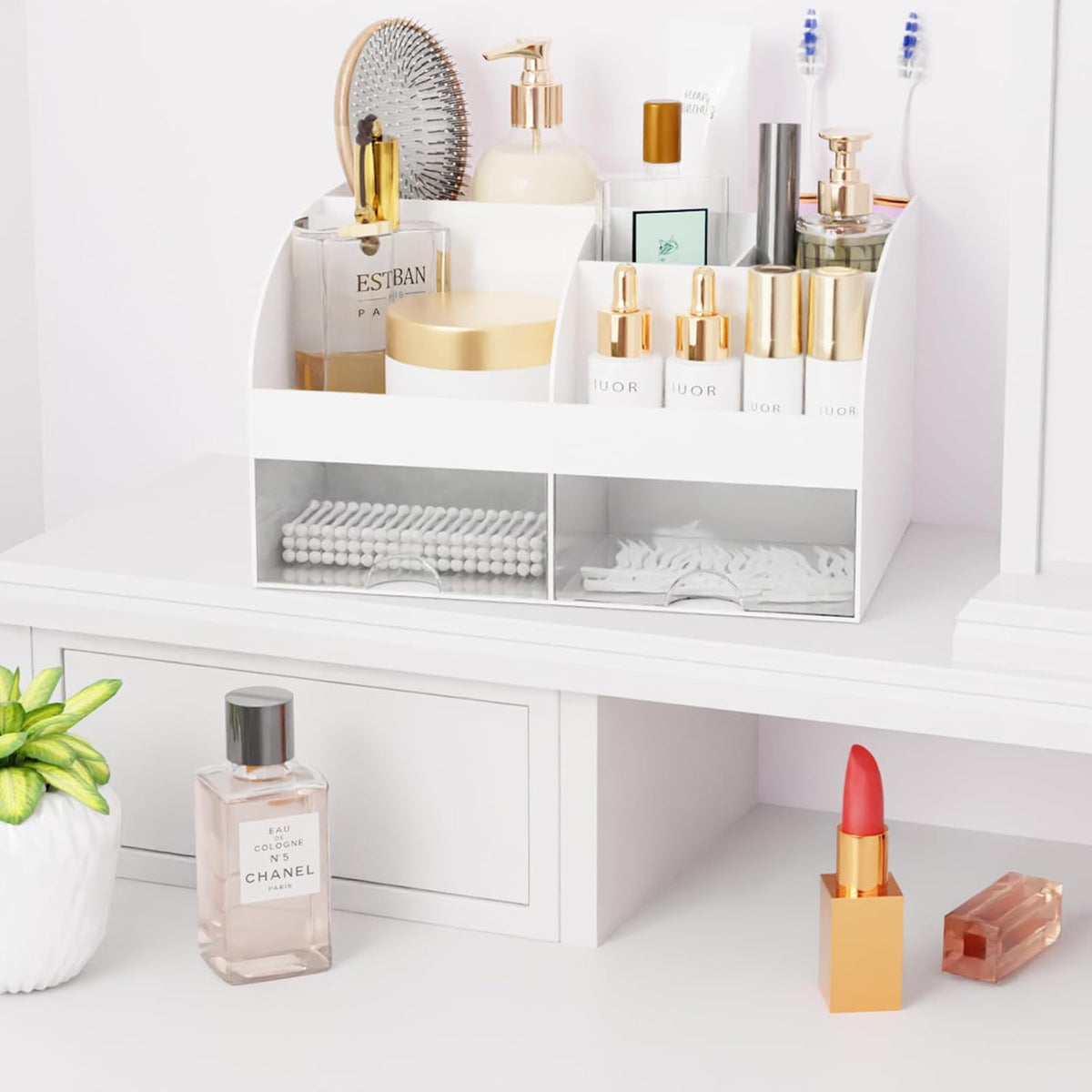Makeup Organizer with Drawers, Cosmetic Storage for Dresser Vanity and Bathroom Countertop, Beauty Holder for Lipstick Brush, Skincare Organizer for Vanity, Cosmetic Display Case (White)