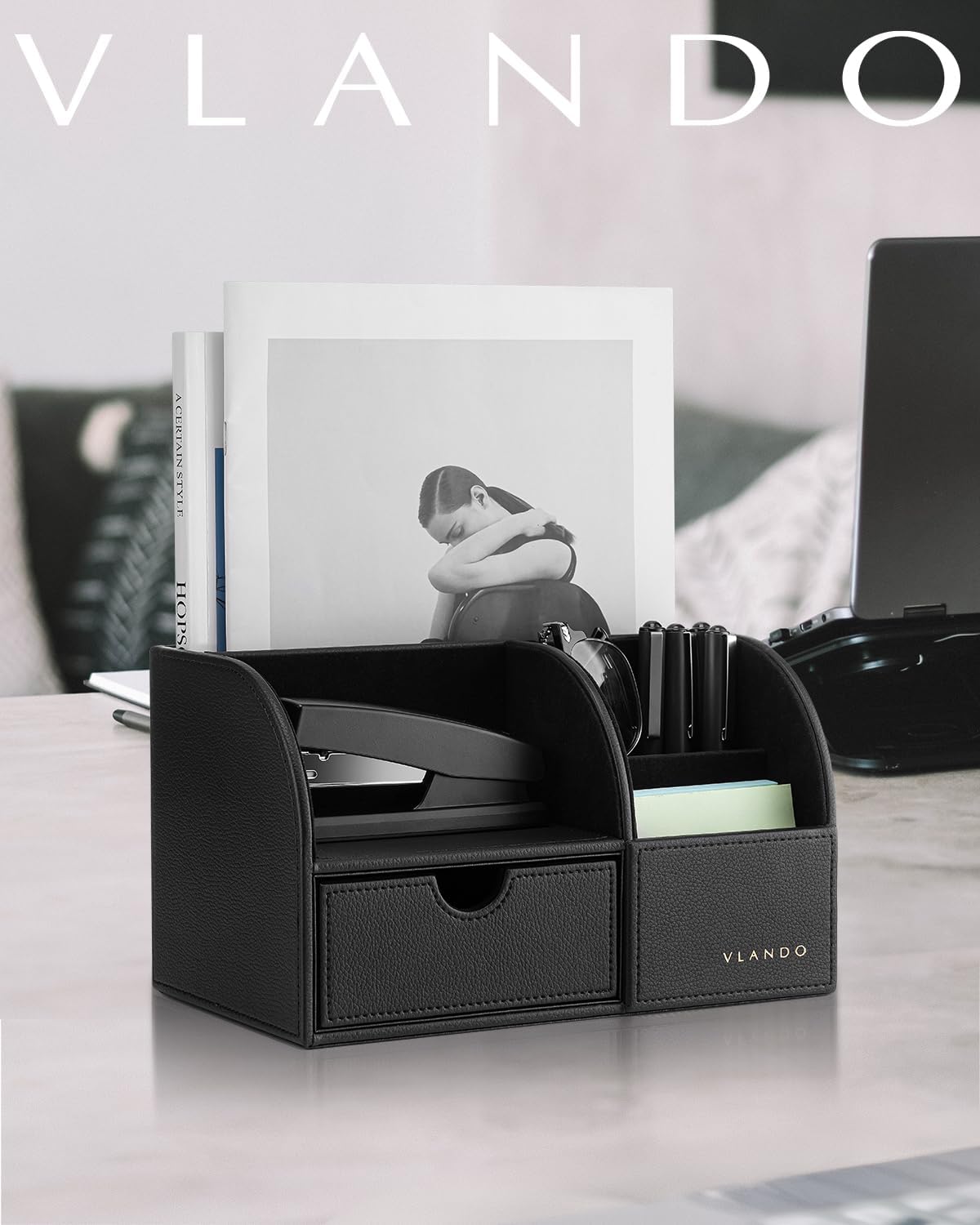 VLANDO Desk Organizer, 6-Compartment Faux Leather Desk Storage with Drawer