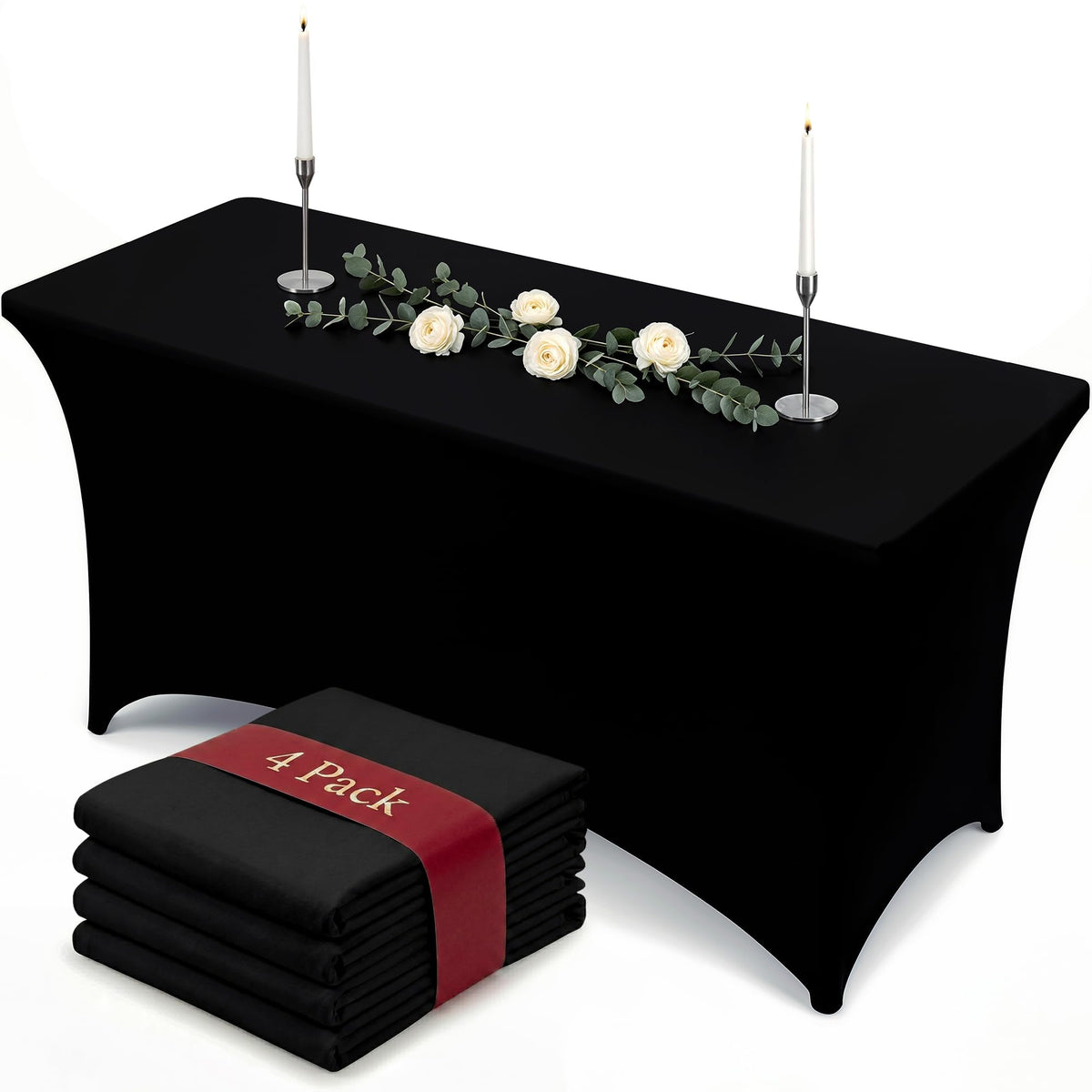 Utopia Kitchen Spandex Table Cloth 2 Pack [8FT, 96Lx30Wx30H Inch, Black]