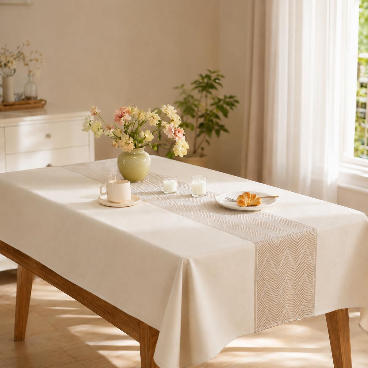 Nordic Beige Rectangular Tablecloth, Premium Drape