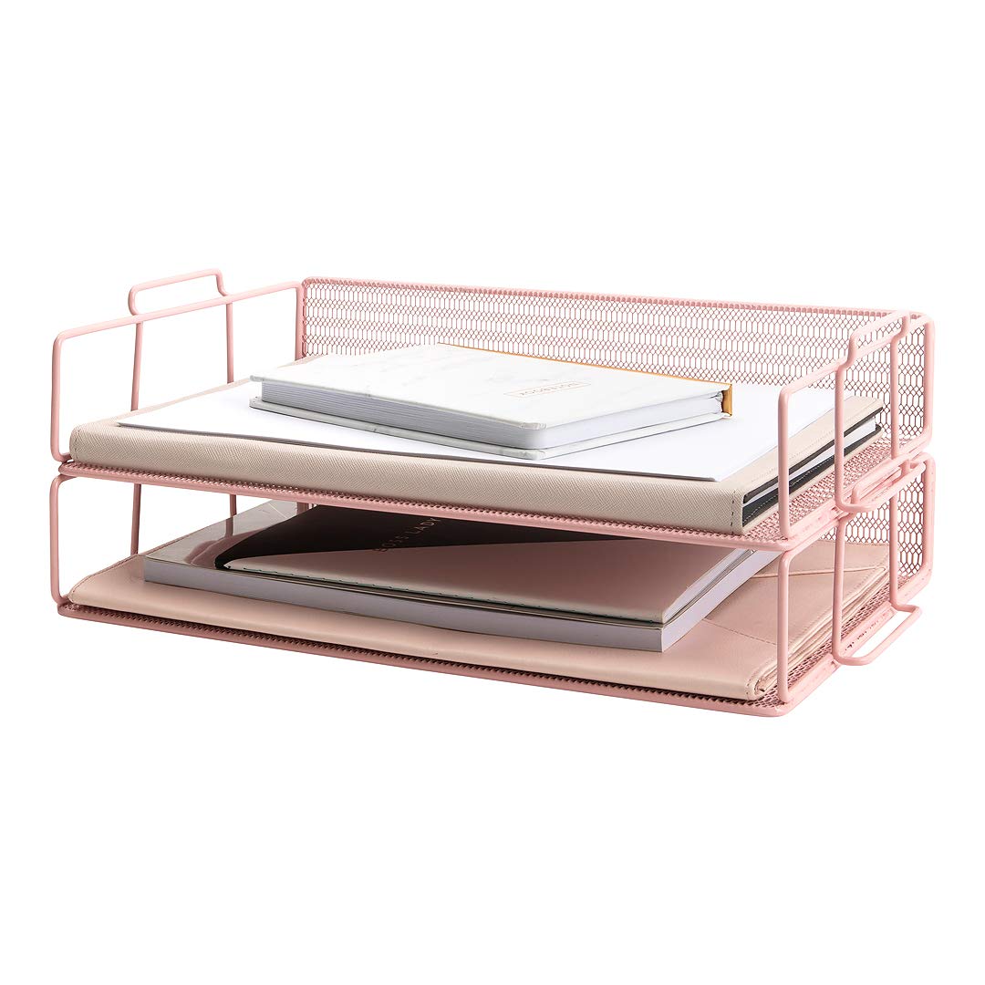 BLU MONACO | Paper Tray Stackable Gold Mesh Set of 2 | Stackable File Trays for Desk Organization | Tiered Desk Organizer with Metal Letter Trays