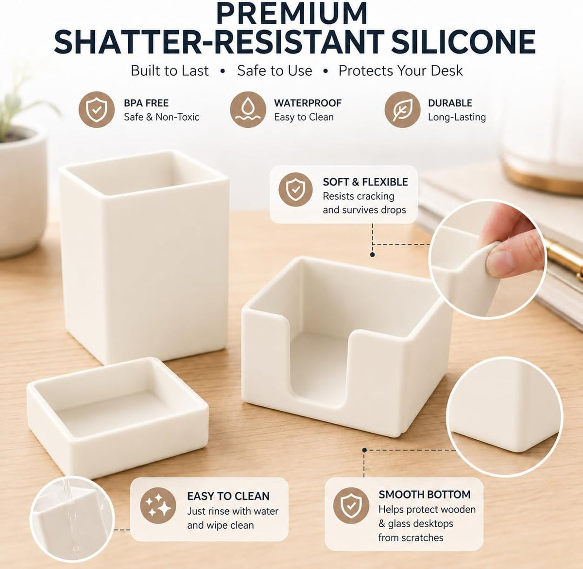 minimaliving Aesthetic Silicone Desk Organizer Set of 3,Modern Office Desk Accessories with Pen Holder,Paperclip Tray,Sticky Note Holder,Stylish Functional Office Desk Decor for Back-to-school(Beige)