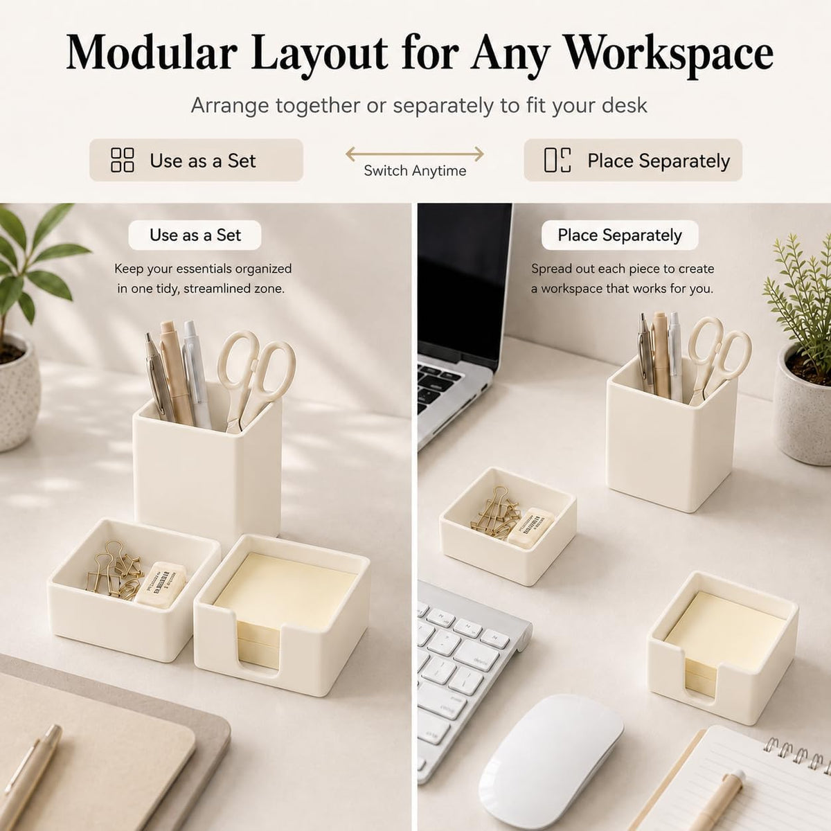 minimaliving Aesthetic Silicone Desk Organizer Set of 3,Modern Office Desk Accessories with Pen Holder,Paperclip Tray,Sticky Note Holder,Stylish Functional Office Desk Decor for Back-to-school(Beige)
