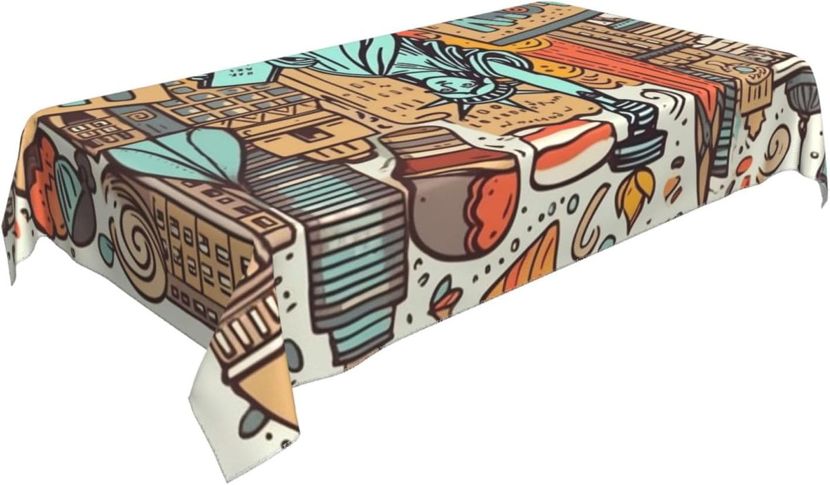Cartoon Cute New York American Theme Art Tablecloths for Rectangle Tables, Stain and Wrinkle Resistant Washable Table Cover Modern 55" X 35" Table Cloth for Kitchen Dining Picnic Party Decor