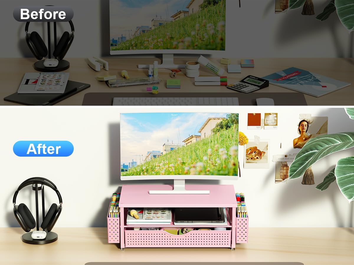 Spacrea Computer Monitor Stand with Drawer and 2 Pen Holders, Pink