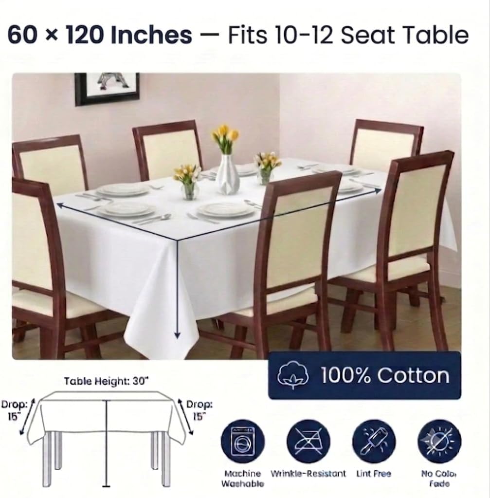 Urban Villa Tabletop Cover Kitchen Dining Tablecloth 100% Cotton Holiday Celebrations Wedding Dinner Parties White Rectangle 60X120 Inches 10-12 Seats Table Cloth