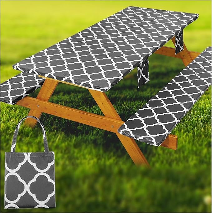 Fitted Picnic Table Cover with Bench Covers Vinyl Waterproof Elastic Edges Fitted Rectangle Tables Patio Tablecloth Camping Gear and Essentials Rv Accessories Road Trip Supplies Car Travel Must Haves