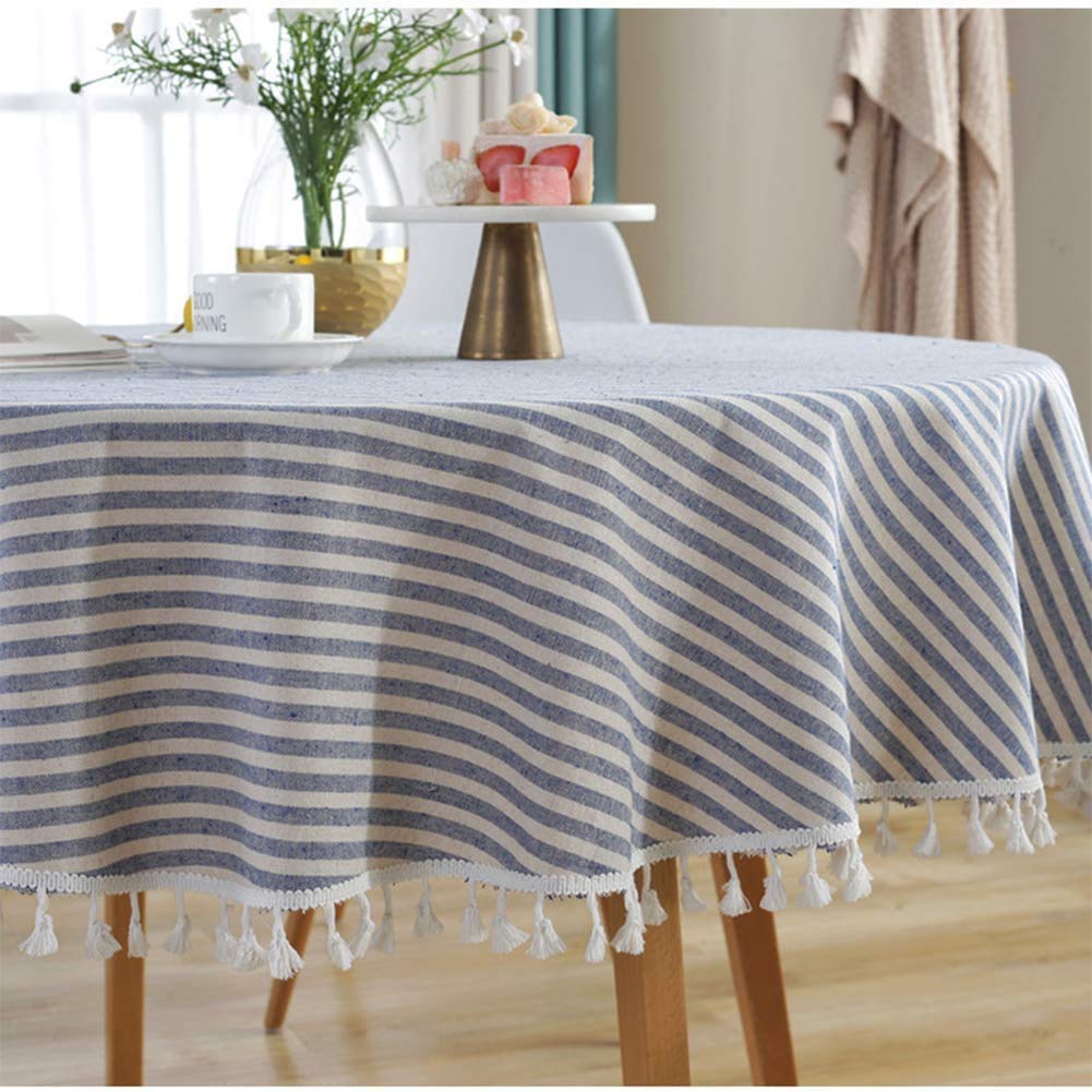 meioro Table Cloth Blue White Striped Tablecloth Tassels Cotton Blend Dust-Proof Table Cover for Dining Coffee Buffet Kitchen Picnic Tables, Parties Indoor Outdoor Square Tablecloths (36x36 Inch)