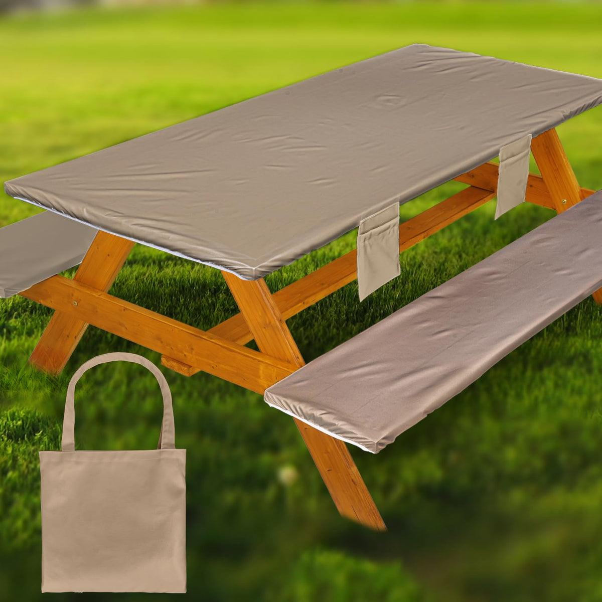 Fitted Picnic Table Cover with Bench Covers Vinyl Waterproof Elastic Edges Fitted Rectangle Tables Patio Tablecloth Camping Gear and Essentials Rv Accessories Road Trip Supplies Car Travel Must Haves