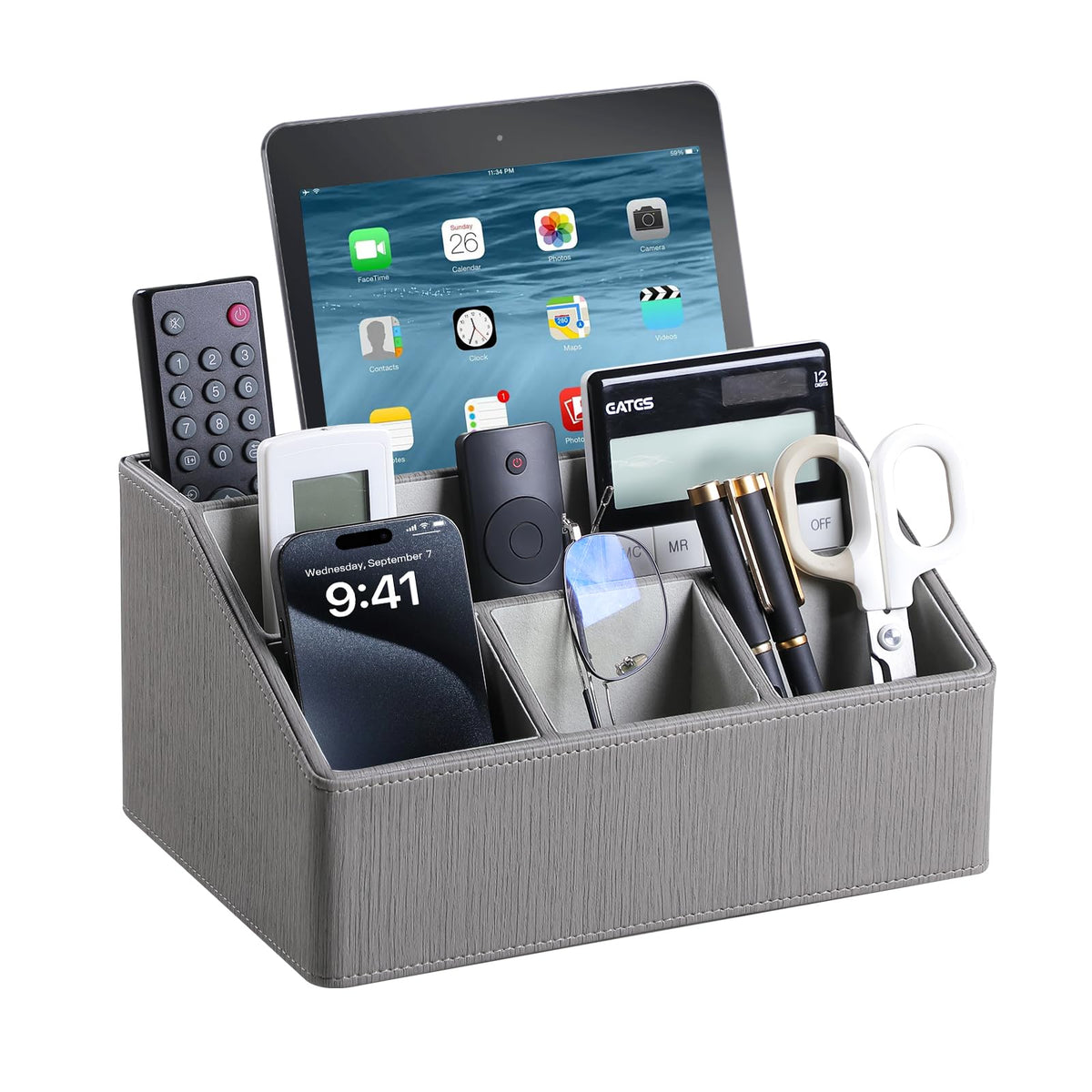 PU Leather Desk Organizer, Remote Control Holder (Brown)