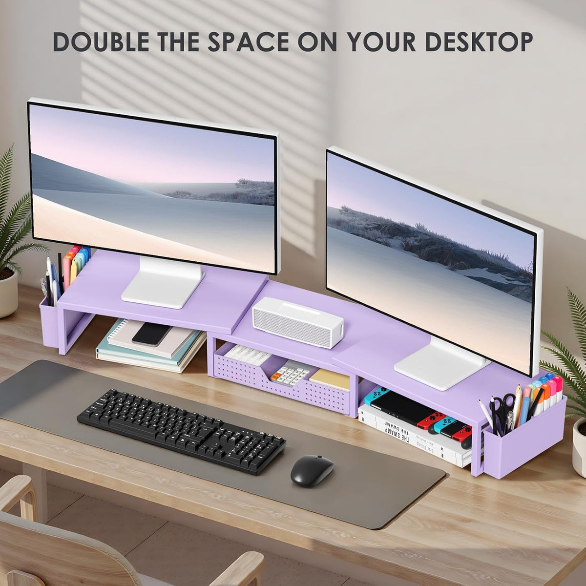 OPNICE Desk Organizers and Accessories, Dual Monitor Stand Riser with Drawer and 2 Pen Holders, Desk Shelf Computer Racks & Printer Stand for Office Workspace Organizers, Desktop Organization (Purple)