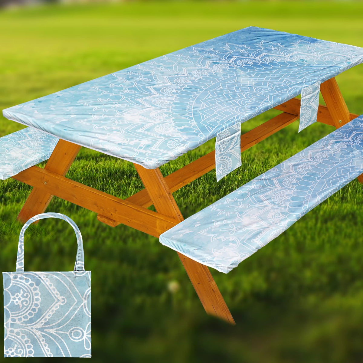 Fitted Picnic Table Cover with Bench Covers Vinyl Waterproof Elastic Edges Fitted Rectangle Tables Patio Tablecloth Camping Gear and Essentials Rv Accessories Road Trip Supplies Car Travel Must Haves