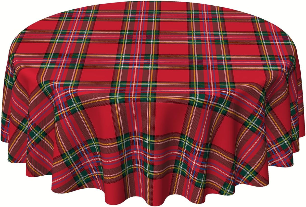 Red Tartan Christmas Tablecloth, 70 Inch Round Polyester Spill Resistant Decorative Table Cover, Classic Plaid Holiday Table Cloth for Christmas Party Farmhouse Dining Home Decor