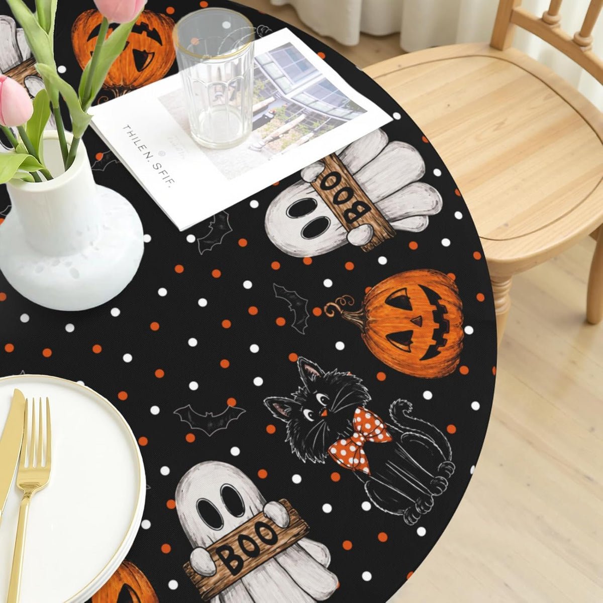 Halloween Polka Dot Round Fitted Tablecloth with Elastic Black Cat Ghost Pumpkin Bat Bowtie Whimsical Table Cloth Decorative Washable Spooky Cute Table Cover Outdoor Kitchen Dining for 44"-48" Table