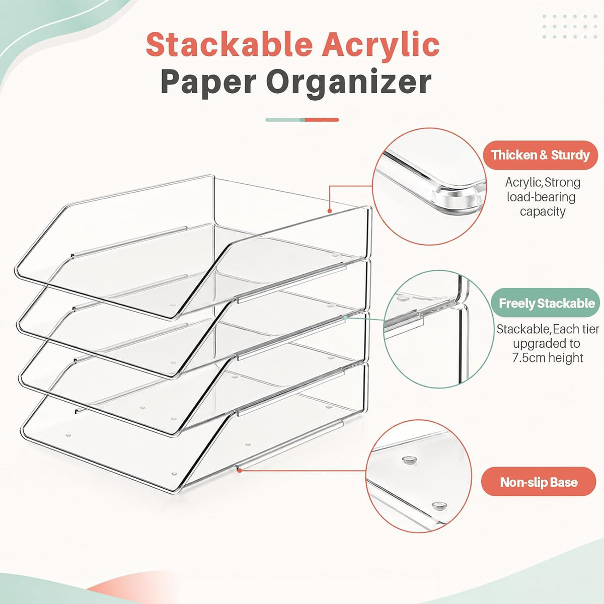 4 Tier Stackable Acrylic Paper Organizer Letter Tray for Desk