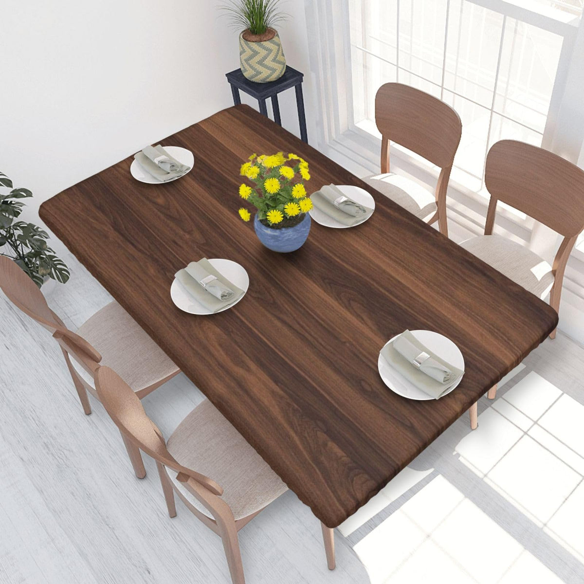 Tablecloth with Elastic Edge Black Brow Wood Grain Board Rectangle Waterproof Oil-Proof Table Cloth Washable Reusable Table Cover for Kitchen Dining, 5FT