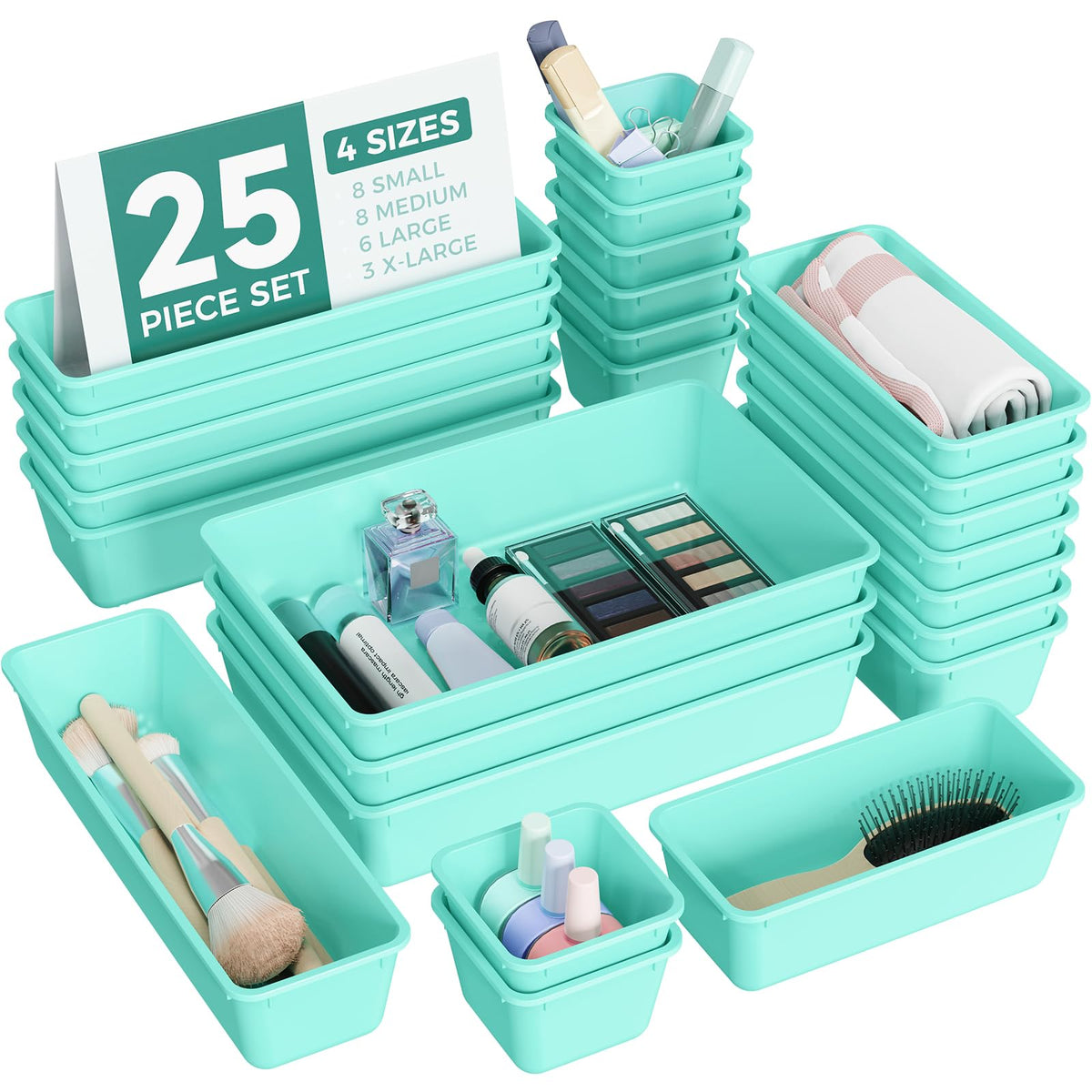 BiuLeon 25 PCS Plastic Drawer Organizers Set, 4-Sizes Vanity and Makeup Organizer, Desk and bathroom Drawer Organizer Trays, Organizers and Storage for Makeup, Jewelry, Gadgets, Utensils (Pink)