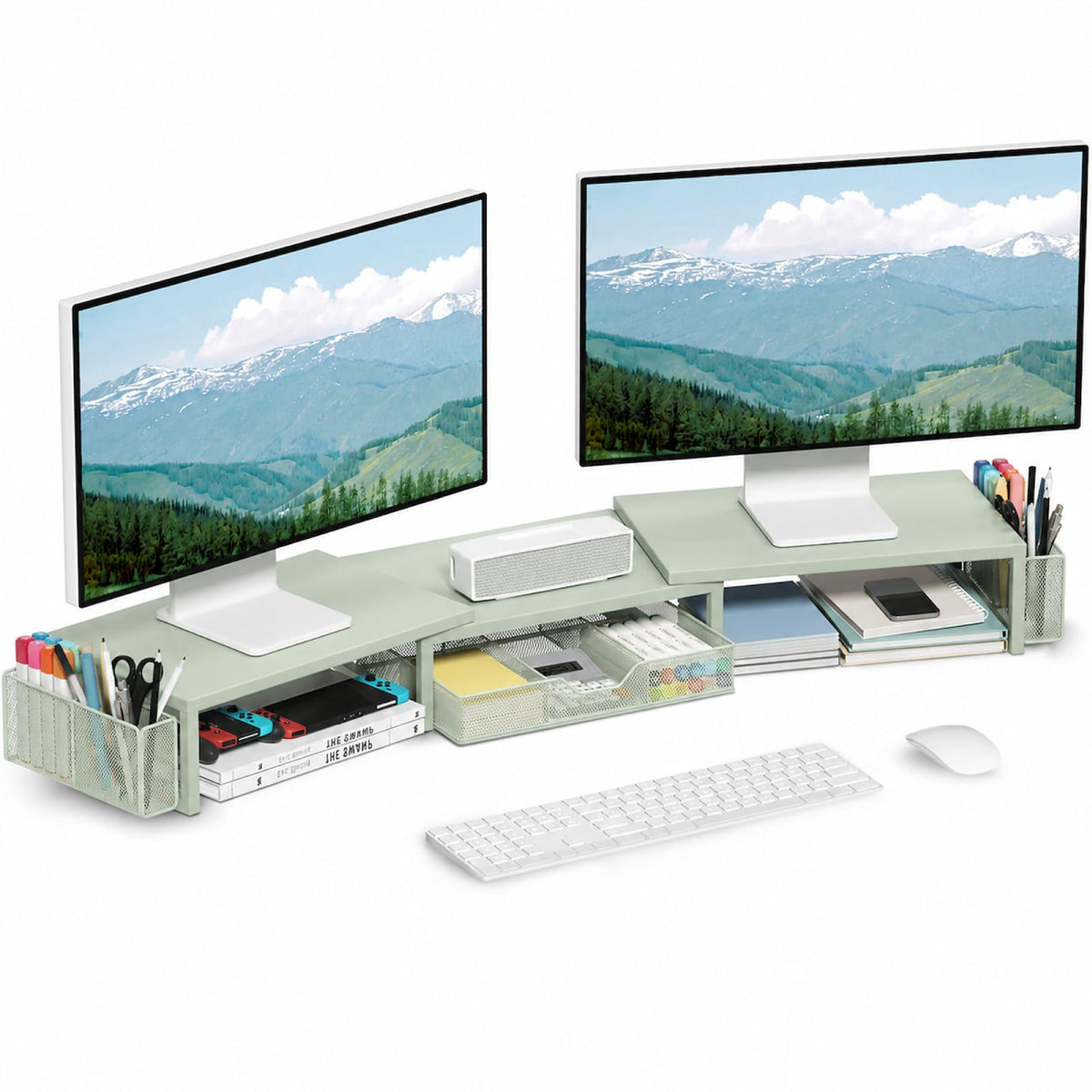 OPNICE Desk Organizers and Accessories, Dual Monitor Stand Riser with Drawer and 2 Pen Holders, Desk Shelf Computer Racks & Printer Stand for Office Workspace Organizers, Desktop Organization (Purple)