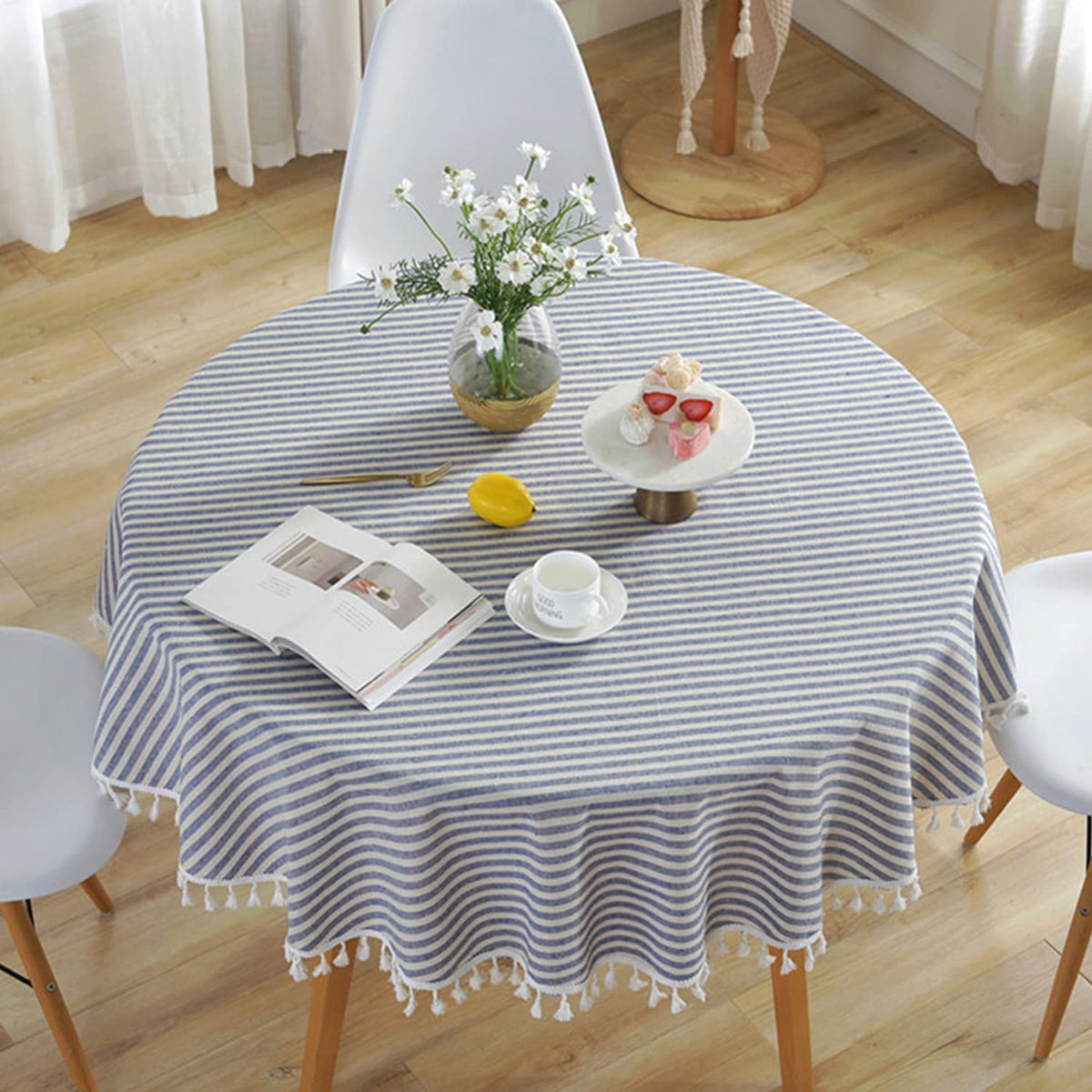 meioro Table Cloth Blue White Striped Tablecloth Tassels Cotton Blend Dust-Proof Table Cover for Dining Coffee Buffet Kitchen Picnic Tables, Parties Indoor Outdoor Square Tablecloths (36x36 Inch)