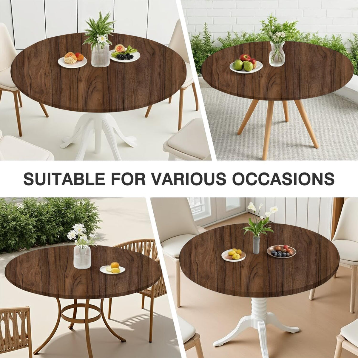 Wood Grain 48 Inch Round Fitted Cloth Tablecloth with Elastic Edged, Waterproof Oil Proof Wipeable Table Cover for Indoor Outdoor Patio Table, Fits Round Tables Up to 46" - 50" Diameter