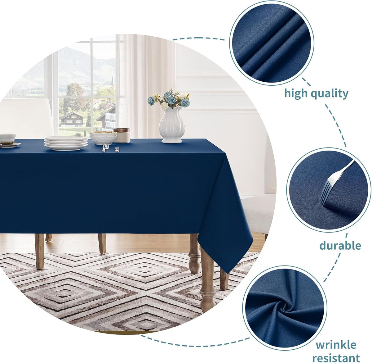 Veblandy Table Cloth Rectangle Waterproof Spill-Proof Wrinkle-Free Tablecloth Washable, Kitchen Dining Tabletop Decoration, Fabric Table Cover for Indoor and Outdoor Use, 52 x 70 Inch, Navy Blue