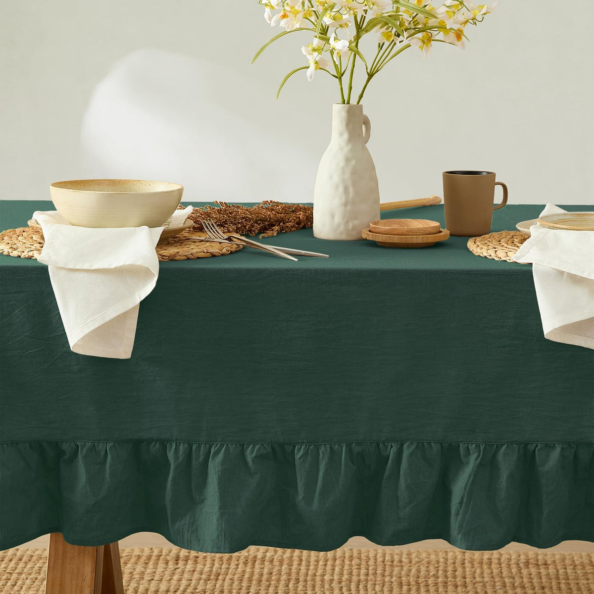 MONDAY MOOSE Ruffle Farmhouse Rustic Rectangle Natural Stonewashed Cotton Tablecloth for Kitchen, Dining Room, Restaurant (60x86 inch, Teal Green)