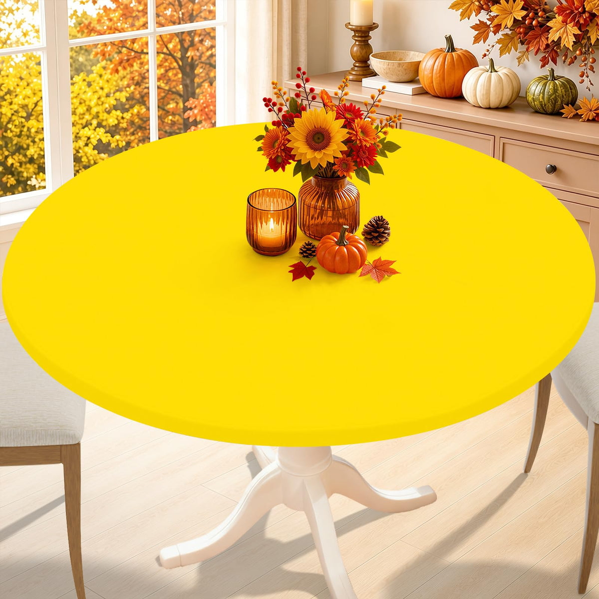 Smiry Thanksgiving Round Spandex Tablecloth, Fitted Cover for 36"-44" Table