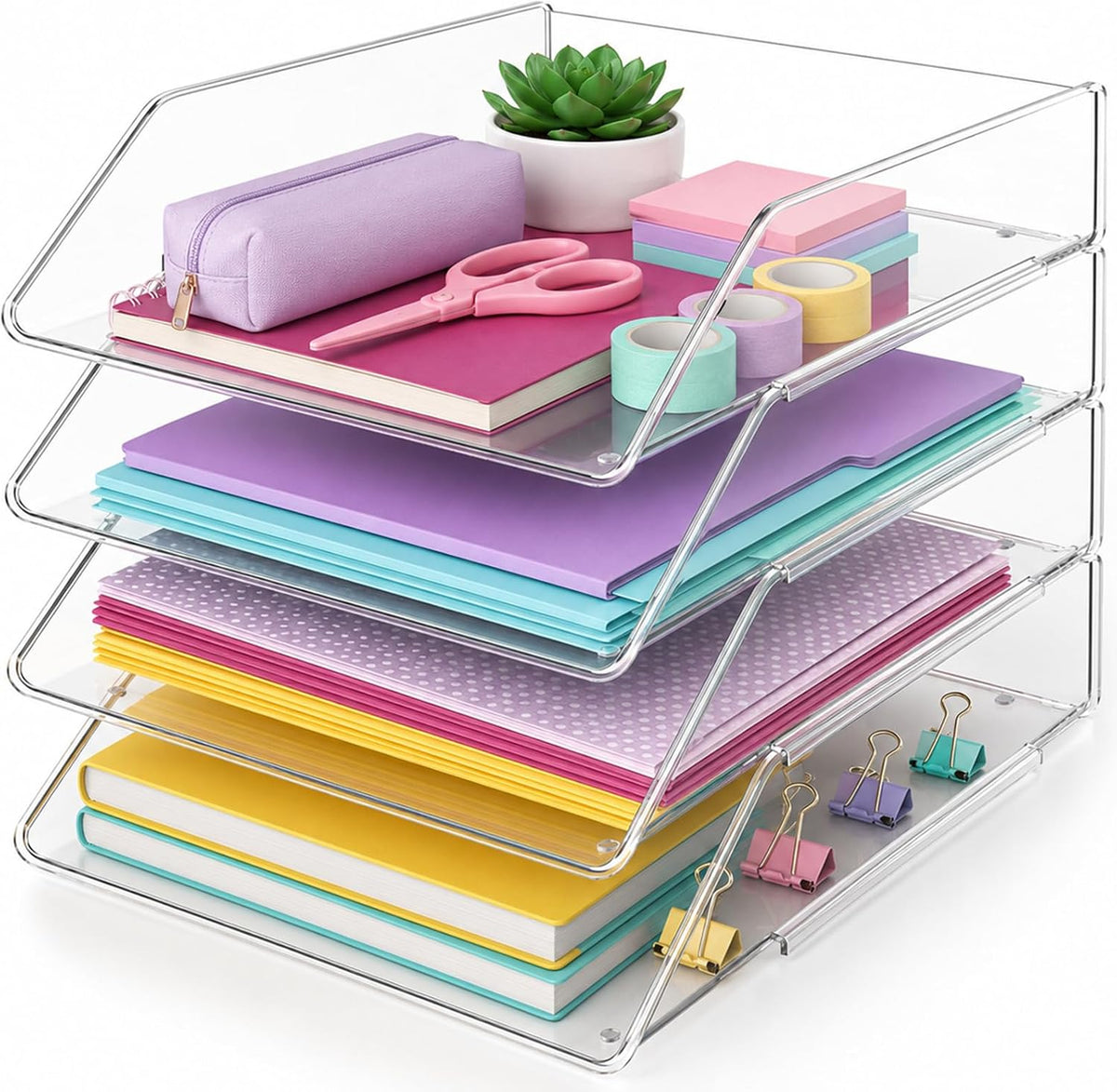4 Tier Stackable Acrylic Paper Organizer Letter Tray for Desk