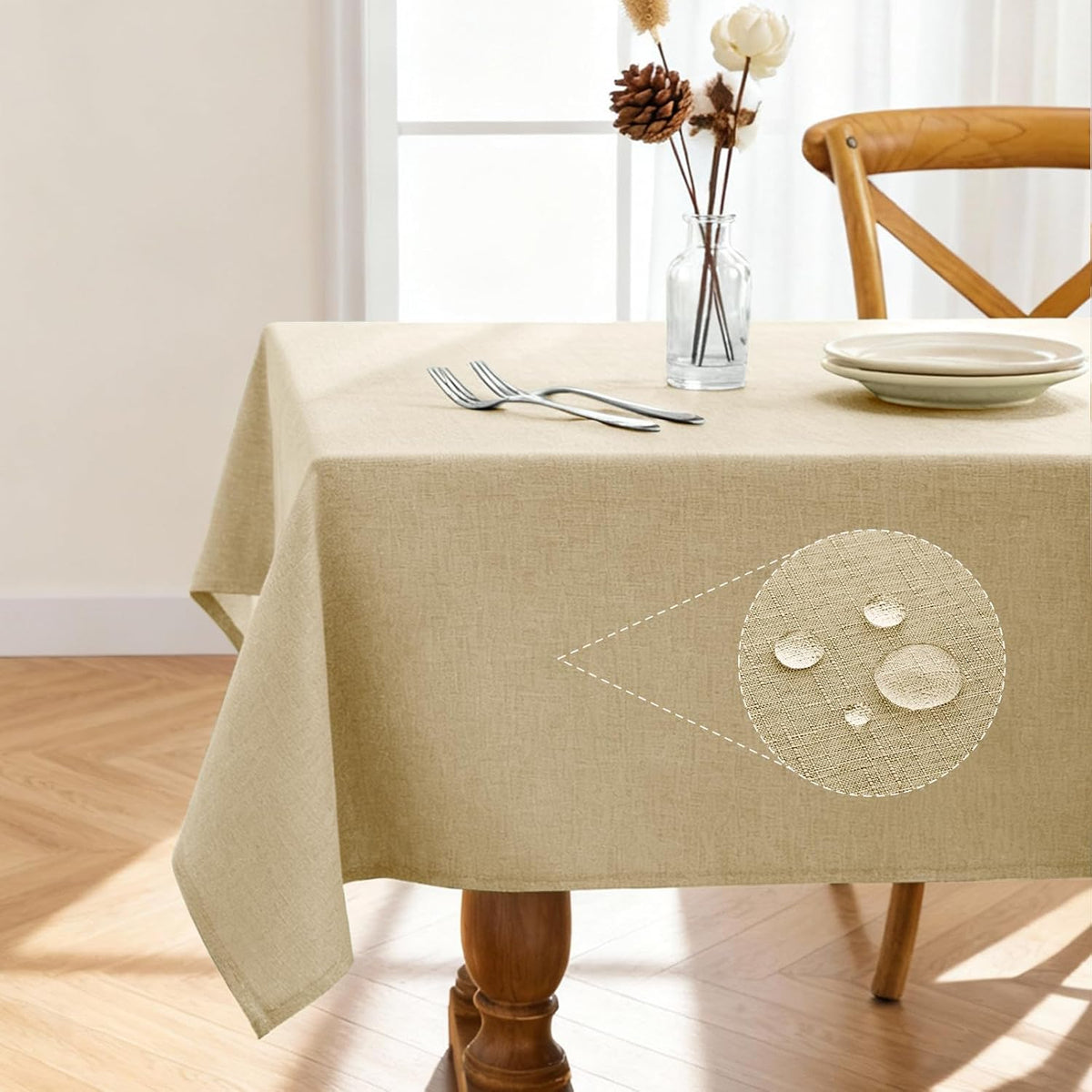 Pureegg Rectangle Linen Tablecloth Waterproof & Stain Resistant, Wrinkle-Free Table Cloth Adds Elegance and Protection, Ideal for Dining, Party, Wedding and Outdoor, 52 x 70 Inch, Beige