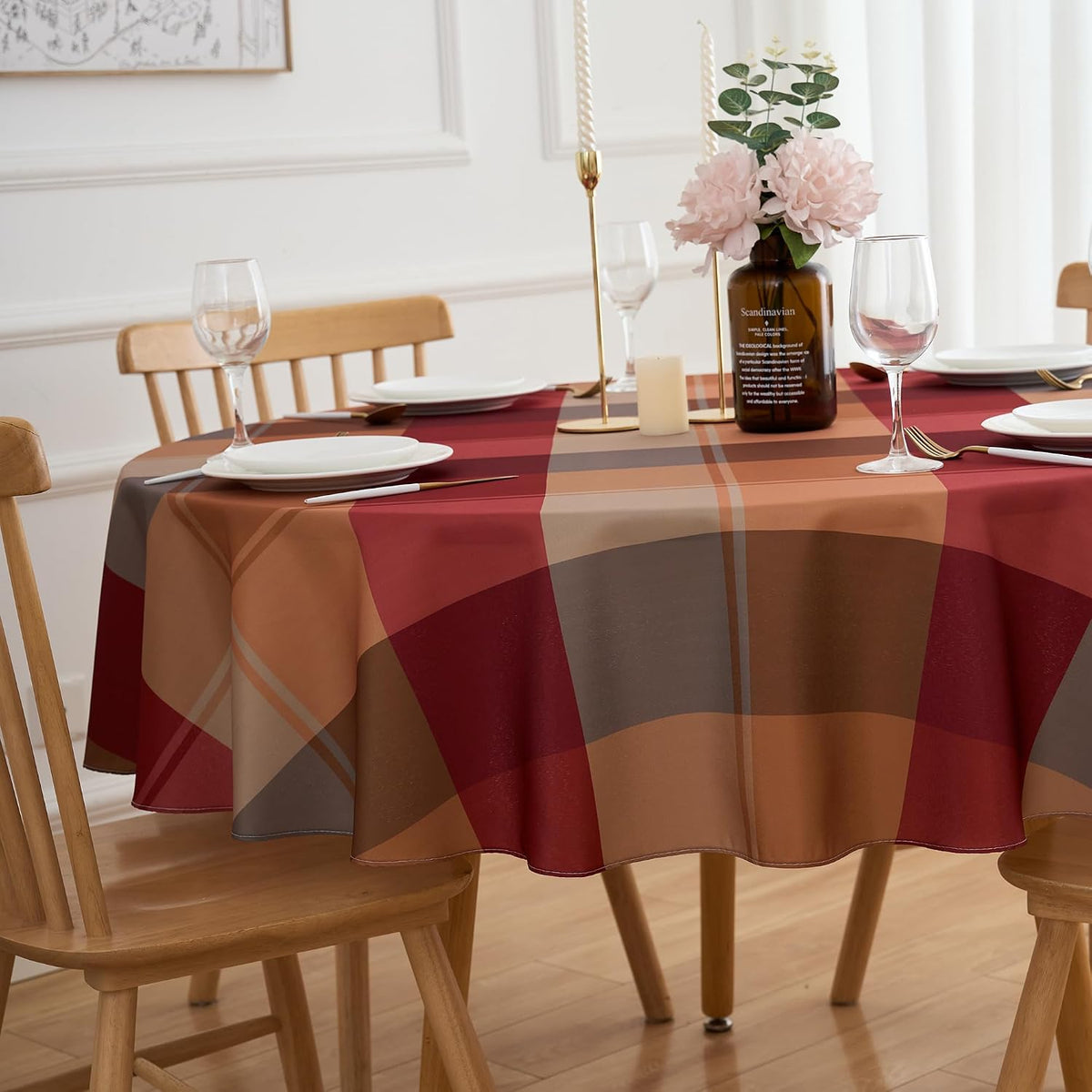 Round Tablecloth 70 Inches Red Brown Buffalo Plaid Winter Table Cloth - Polyester Checkered Gingham Christmas Table Cover Reusable Water Resistant for Fall Thanksgiving Holiday Party Kitchen Dinning