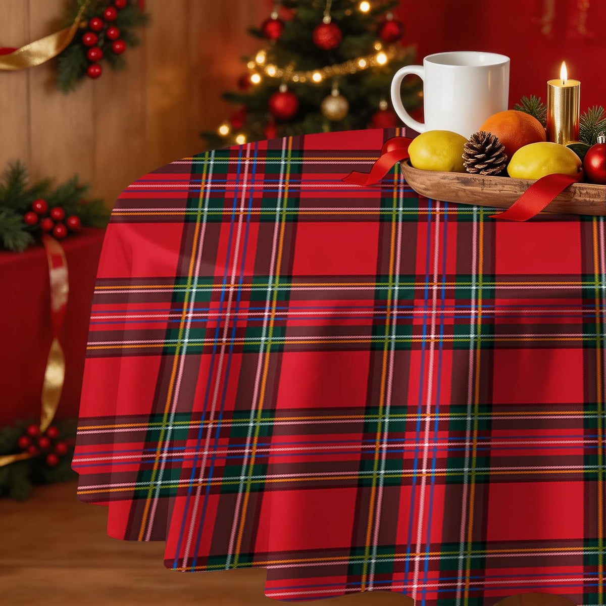 Red Tartan Christmas Tablecloth, 70 Inch Round Polyester Spill Resistant Decorative Table Cover, Classic Plaid Holiday Table Cloth for Christmas Party Farmhouse Dining Home Decor