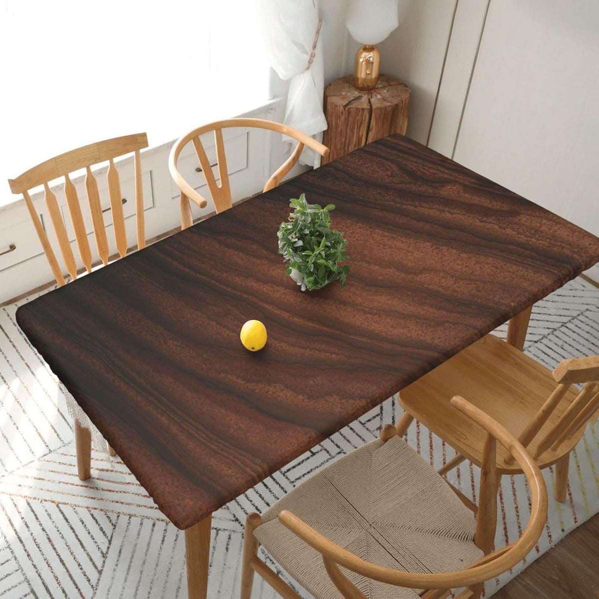 Tablecloth with Elastic Edge Black Brow Wood Grain Board Rectangle Waterproof Oil-Proof Table Cloth Washable Reusable Table Cover for Kitchen Dining, 5FT