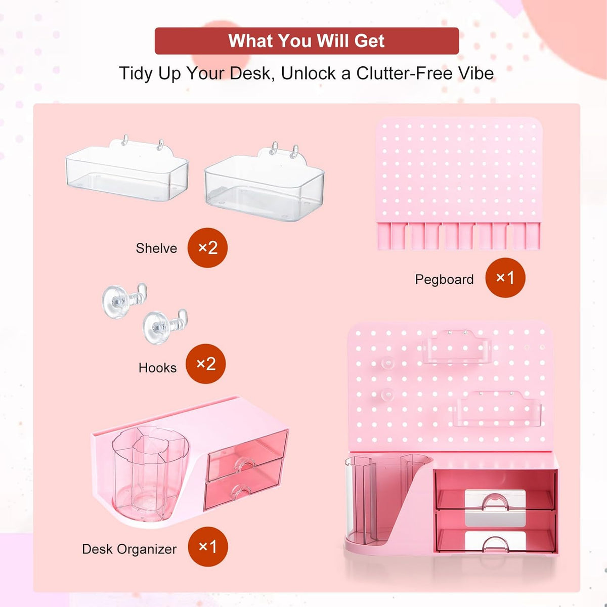 Comix Desk Organizer with 2 Drawer, Pink 360° Rotating Pen Holder for Desk
