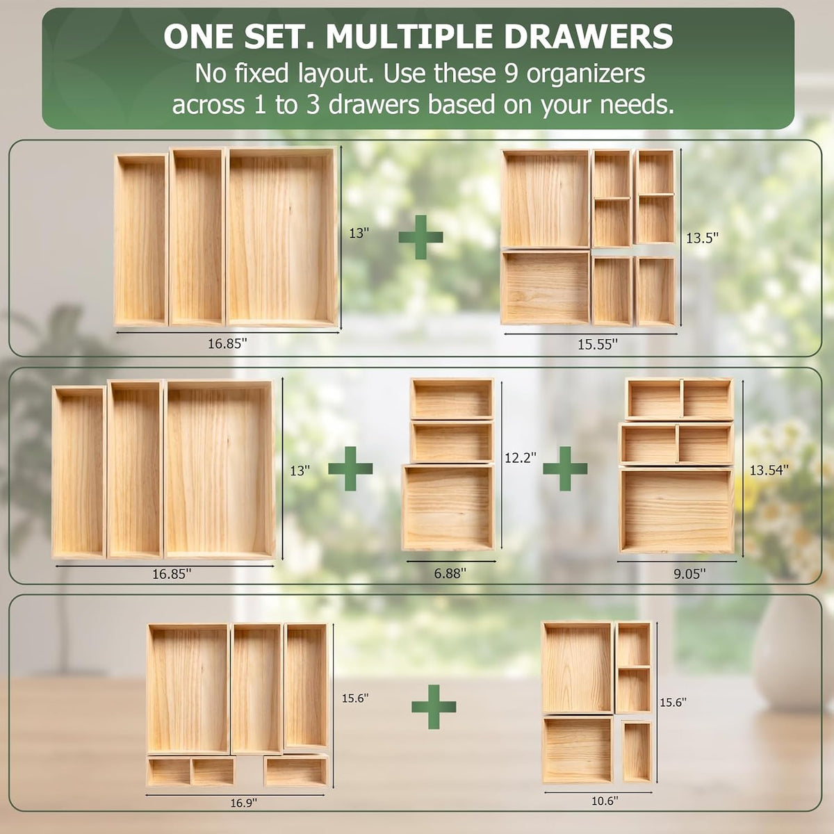 9-Pack Solid Wood Junk Drawer Organizer, Modular Desk Drawer Tray & Accessories with Non-Slip Pad, Multi-Use for Kitchen, Office, Bedroom Dresser, Utensil, Makeup, Stationery, Tea Bags & Coffee Pod