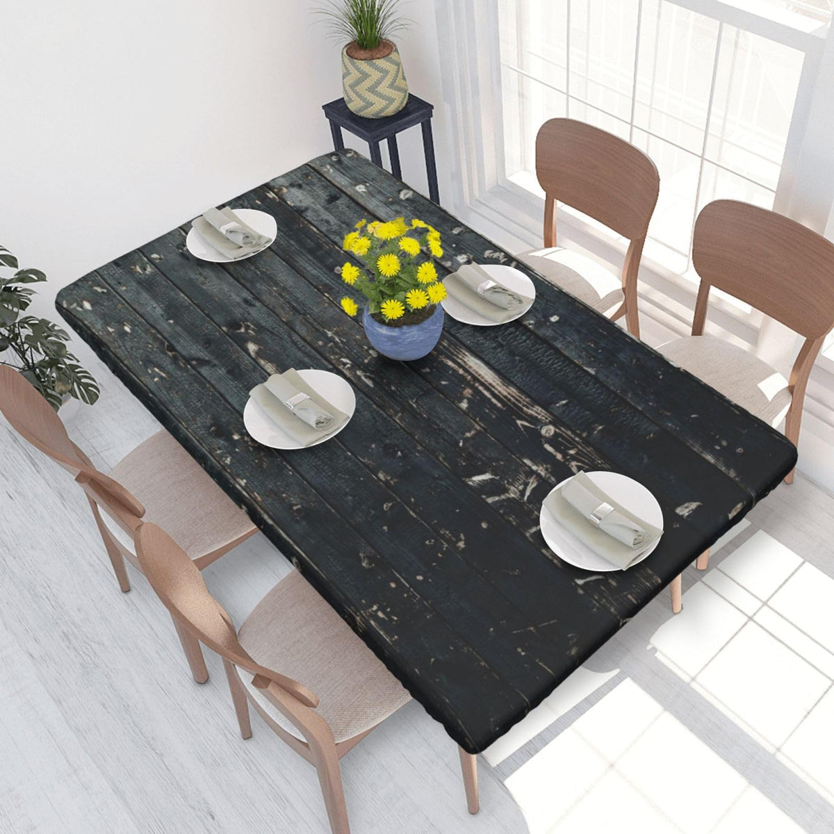 Tablecloth with Elastic Edge Black Brow Wood Grain Board Rectangle Waterproof Oil-Proof Table Cloth Washable Reusable Table Cover for Kitchen Dining, 5FT