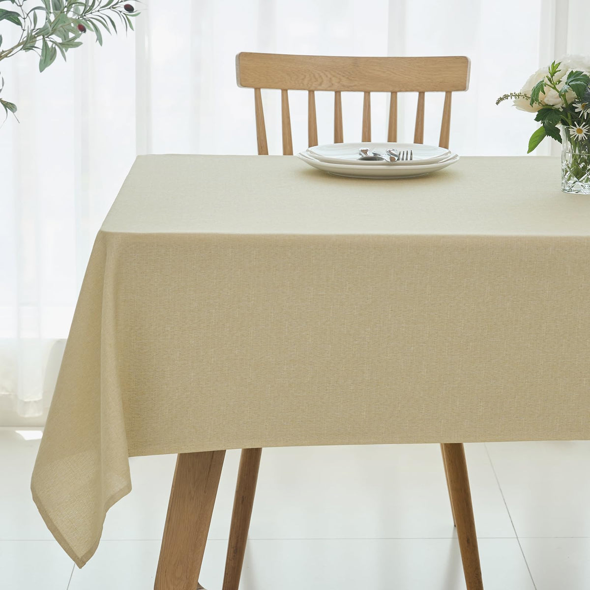 maxmill Rectangle Linen Textured Tablecloth Waterproof Spillproof Wrinkle Free Washable Fabric Table Cloth Kitchen Dining Tabletop Decoration Table Cover for Holiday Dinner Party, 52 x 70 Inch, Linen