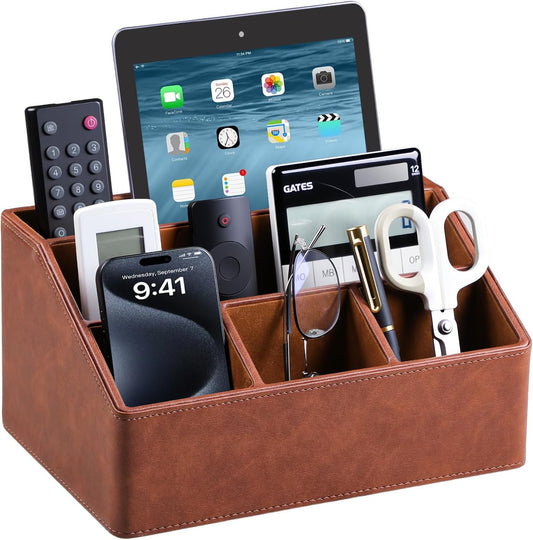 PU Leather Desk Organizer, Remote Control Holder (Brown)